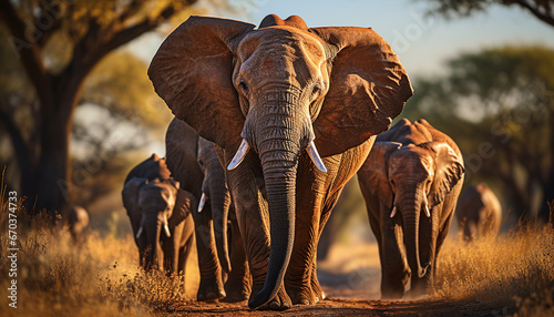 Elephants walking in the African wilderness, a tranquil sunset scene generated by AI