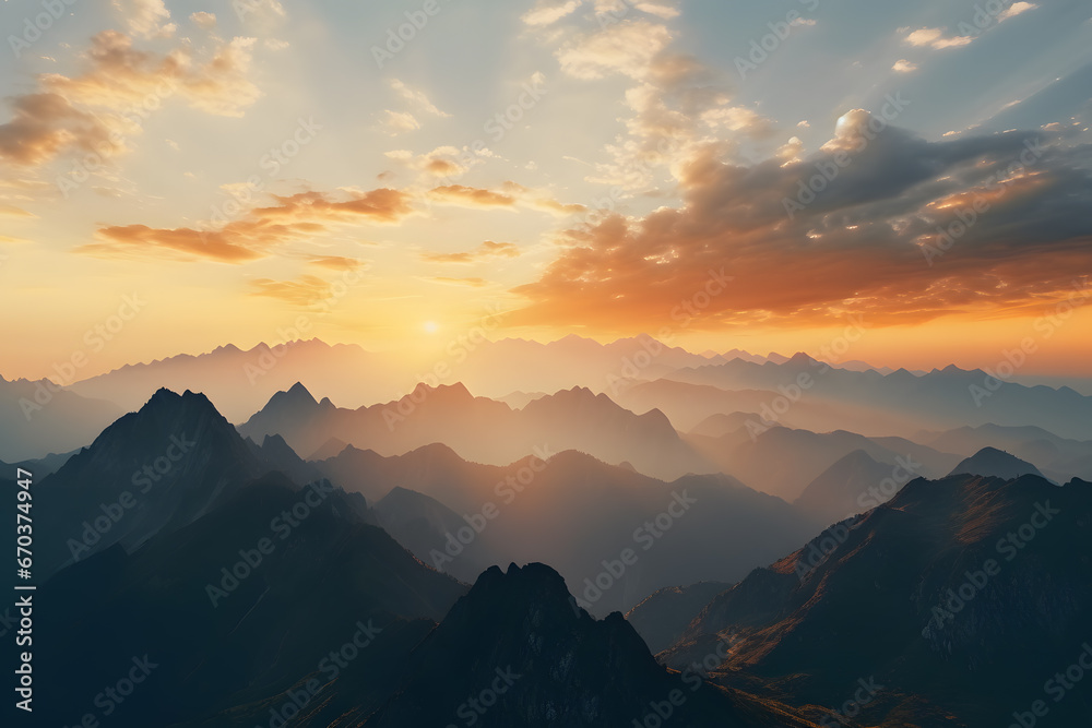 A Panoramic View of Towering Mountain Ranges at Sunrise