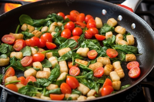 stirring gnocchi, spinach, and sausage in skillet