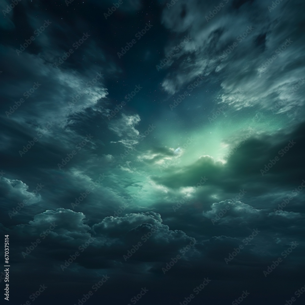 Black dark greenish blue dramatic night sky. Gloomy ominous storm rain clouds background. Cloudy thunderstorm hurricane wind lightning. - Generative AI