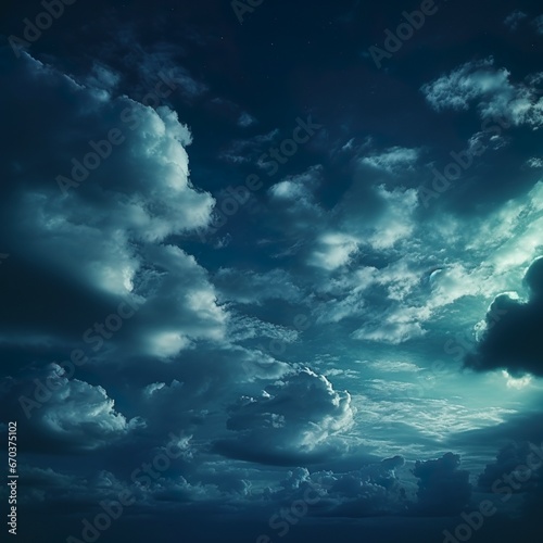 Dark blue green sky with clouds. Dramatic night sky. Moonlight. Toned background with space for design.- Generative AI