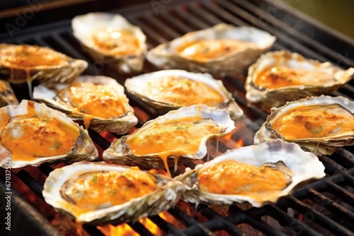 close-up of toasted garlic sauce on grilled oysters