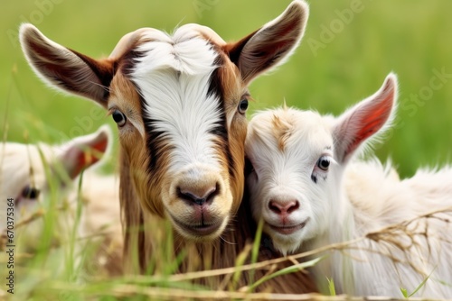 close-up of nanny-goat with kids in green pastures