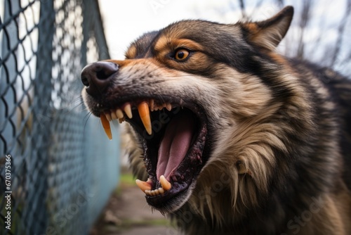 a guard dog growling behind a fence photo