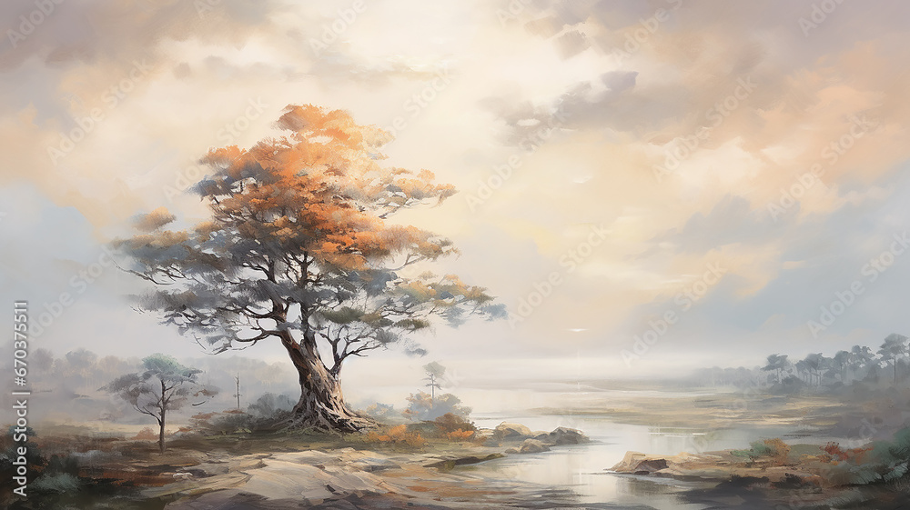 vintage oil painting sunset lonely tree nature landscape. - obrazy, fototapety, plakaty 