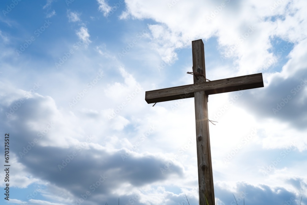 rustic wooden cross against a cloudy sky