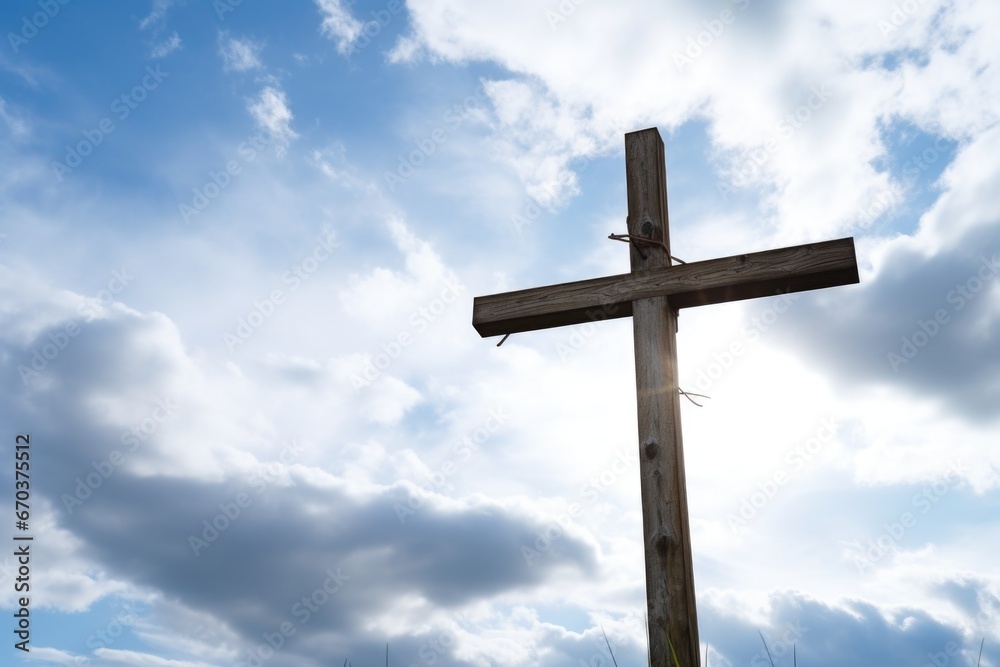 rustic wooden cross against a cloudy sky rustic wooden cross against a cloudy sky