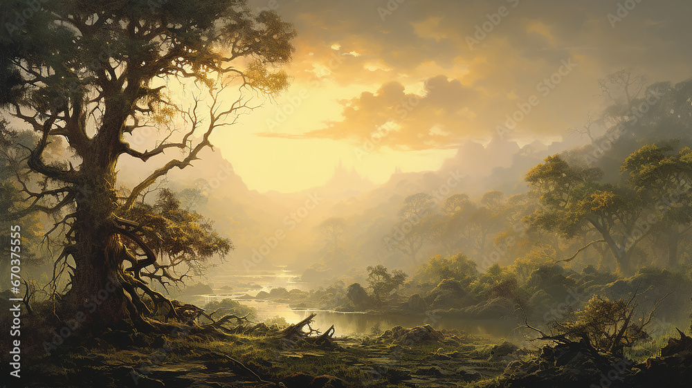 Fototapeta premium vintage oil painting sunset lonely tree nature landscape.