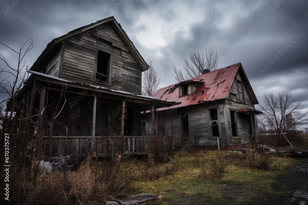 abandoned, dilapidated house under a gloomy sky abandoned, dilapidated house under a gloomy sky