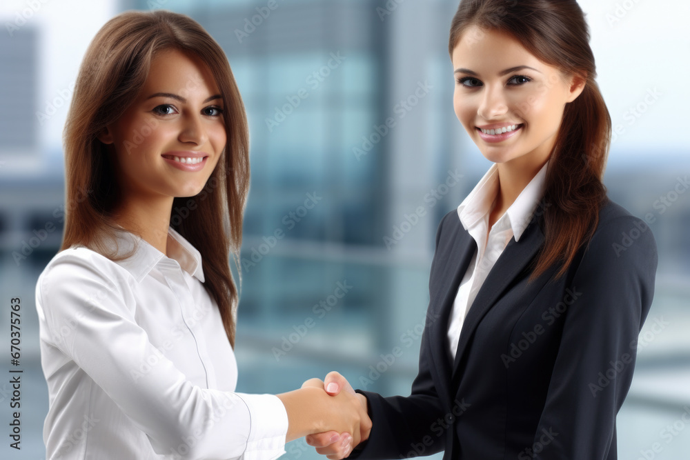 Two women are pictured shaking hands in front of window. This image can be used to depict business partnerships, negotiations, or professional interactions in corporate setting. Two women are pictured shaking hands in front of window. This image can be used to depict business partnerships, negotiations, or professional interactions in corporate setting.