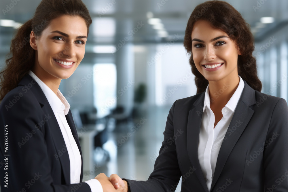 Two business women shaking hands in office. Successful business partnership or collaboration. Two business women shaking hands in office. Successful business partnership or collaboration.