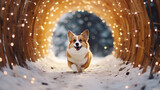 a cheerful dog outside a walk in the morning in the park arches merry Christmas and happy new year greeting card.