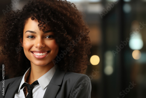 Professional woman with curly hair wearing suit and tie. Suitable for corporate, business, and professional themes.
