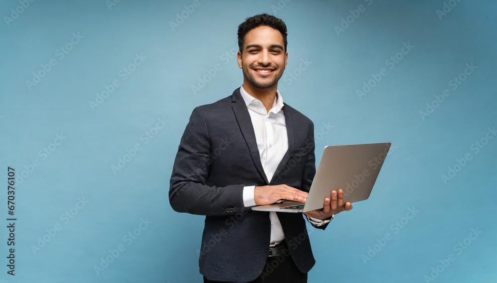 Dynamic Leadership: Professional Manager on Blue Background Dynamic Leadership: Professional Manager on Blue Background