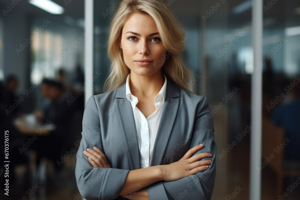 Professional woman wearing business suit stands confidently with her arms crossed. Confidence, success, professionalism, and determination in various business-related concepts.
