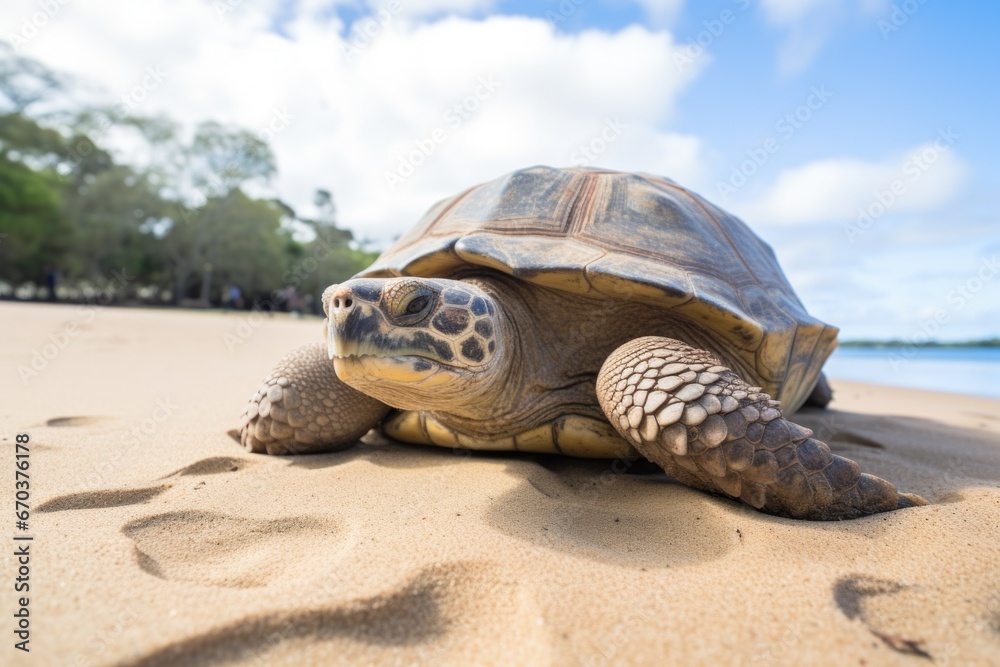 a tortoise crawling on a sandy beach