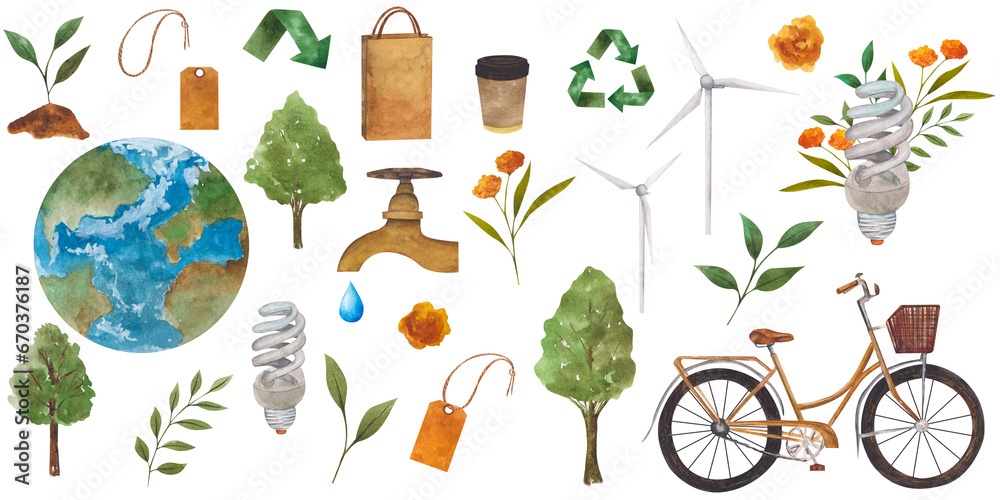 Plants, tree, recyclable eco object, bicycle. Ecological and
