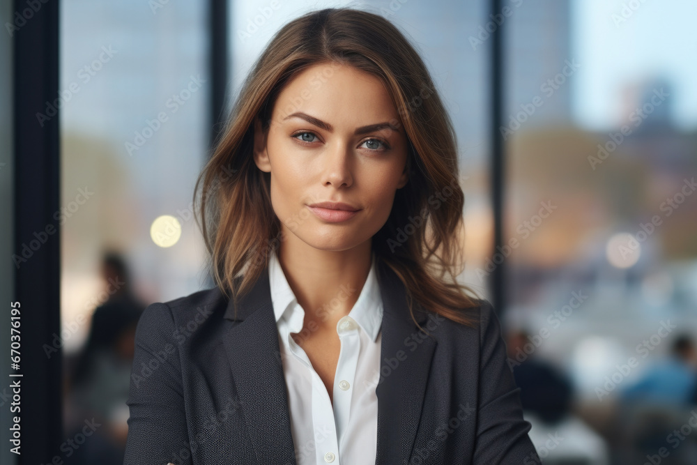 Woman dressed in business suit poses confidently for professional photo. This image can be used to represent success, professionalism, and career aspirations. Woman dressed in business suit poses confidently for professional photo. This image can be used to represent success, professionalism, and career aspirations.