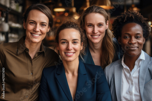 Picture showing group of women standing next to each other. This image can be used to represent unity, teamwork, friendship, or gathering of friends.