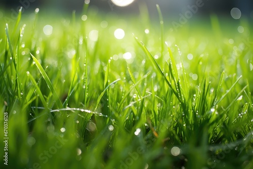 close up shot of fresh, dewy blades of lawn grass