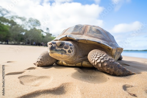 a tortoise crawling on a sandy beach