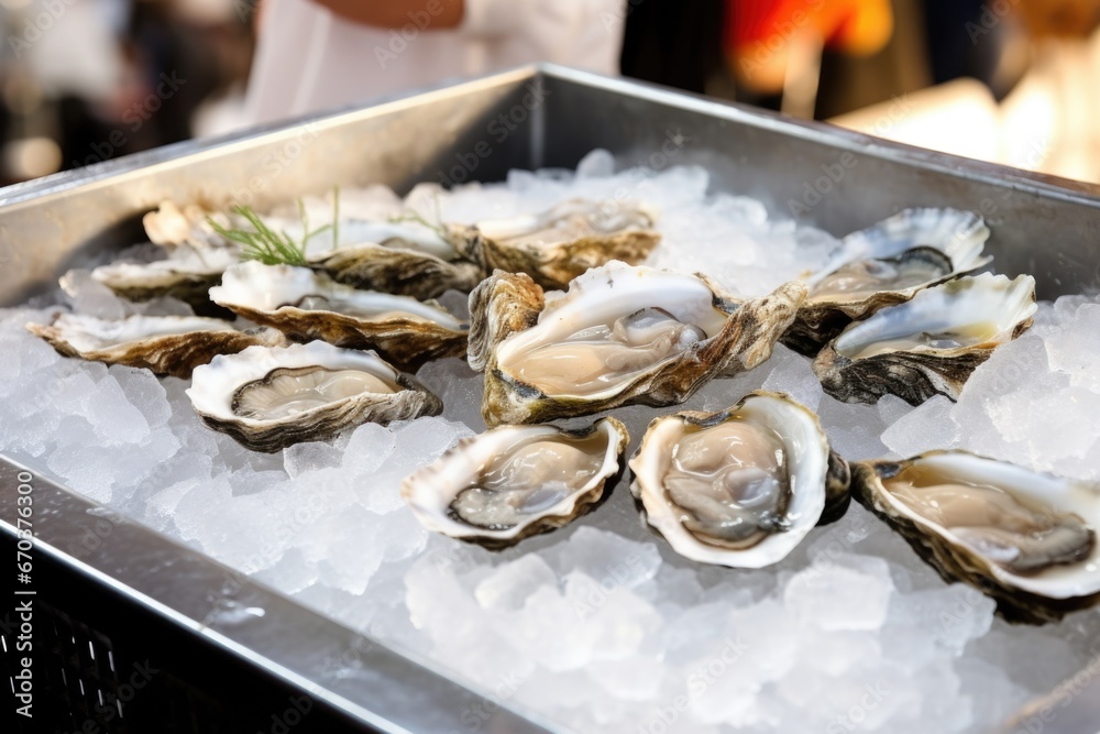 metal tray with fresh oysters on ice at food fair metal tray with fresh oysters on ice at food fair