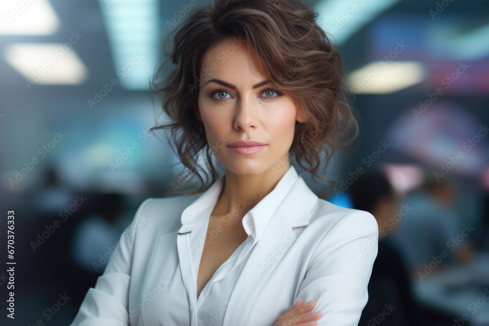 Fototapeta premium Woman in white shirt standing confidently with her arms crossed. This versatile image can be used to portray professionalism, confidence, and determination in various settings.