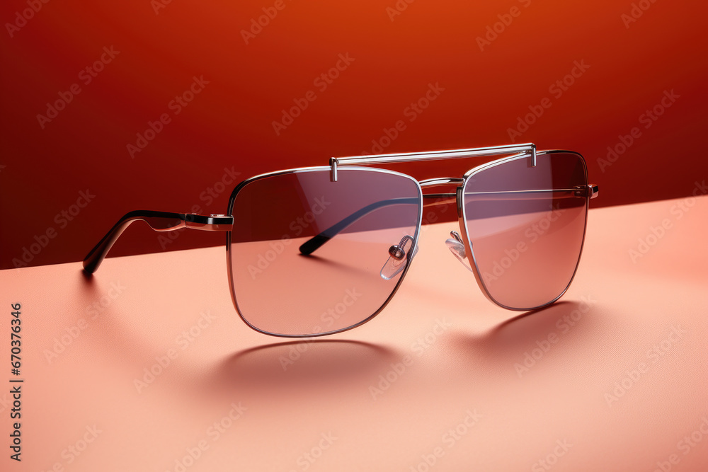 Pair of sunglasses placed on top of table. This image can be used to showcase summer fashion accessories or as representation of relaxation and leisure. Pair of sunglasses placed on top of table. This image can be used to showcase summer fashion accessories or as representation of relaxation and leisure.