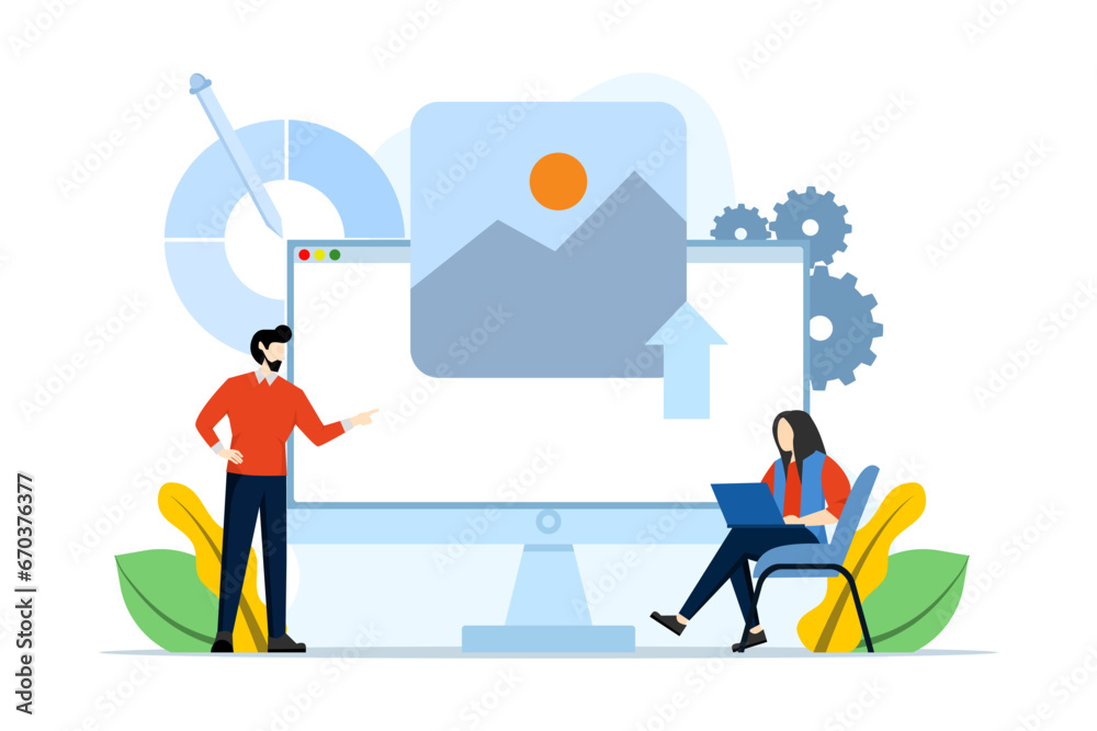 Web design, ui ux and programmer with computer, software development, characters working on web and application development on computer. vector flat illustration on white background. Web design, ui ux and programmer with computer, software development, characters working on web and application development on computer. vector flat illustration on white background.
