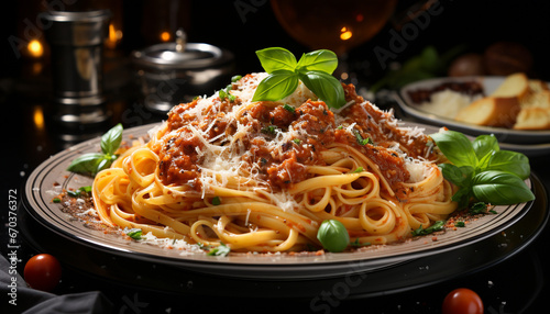 Fresh pasta with bolognese sauce, parmesan, and parsley on plate generated by AI photo