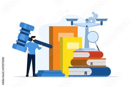 Law and justice scene concept. lawyer consultant client, judge knocks with wooden gavel. Legal advice concept and consultation. Consideration. Flat vector illustration for banners and websites.