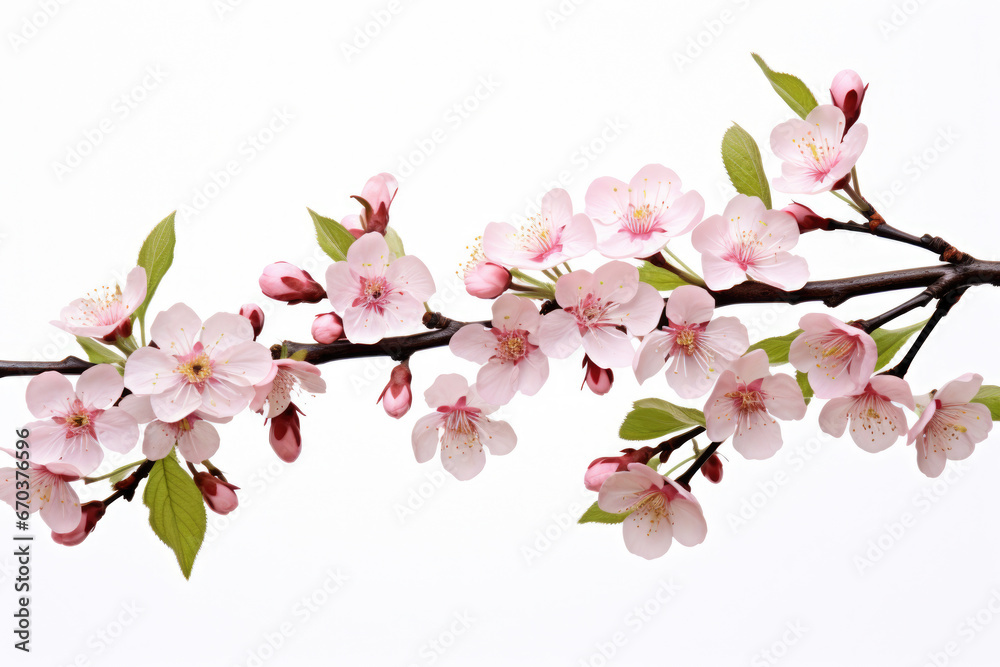 Close-up photograph of branch of cherry tree covered in delicate pink flowers. This image can be used to add touch of beauty and nature to various projects.