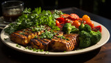 Grilled meat, fresh salad, healthy lunch on wooden plate generated by AI