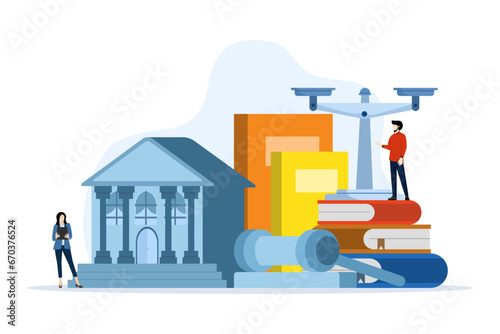 Law and justice scene concept. lawyer consultant client, judge knocks with wooden gavel. Legal advice concept and consultation. Consideration. Flat vector illustration for banners and websites.