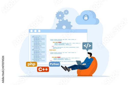 Web development or programming language concept. css, html, IT, ui. Cartoon character programmer developing website, coding. Software developer with laptop. Vector illustration on white background.