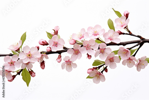 Close-up photograph of branch of cherry tree covered in delicate pink flowers. This image can be used to add touch of beauty and nature to various projects.