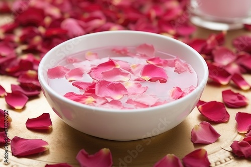 close-up of saucer filled with rose water and petals