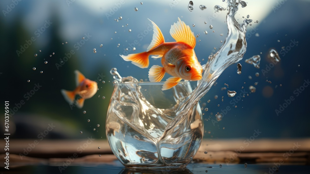 Fish leap out from a glass into a lake, bigger wider environment. Concept of courage to leave the comfort zone or free oneself for the better - obrazy, fototapety, plakaty 