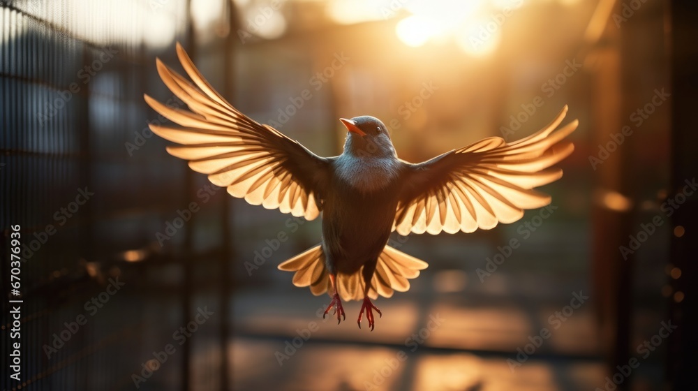 Fototapeta premium A bird frees itself flying out of the cage with morning sunlight in the background. Freedom, courage, independence, liberty, and release concept.