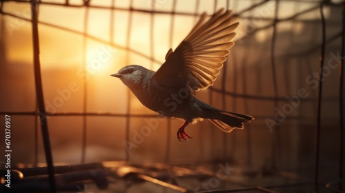 A bird frees itself flying out of the cage with morning sunlight in the background. Freedom, courage, independence, liberty, and release concept. © KikkyCNX