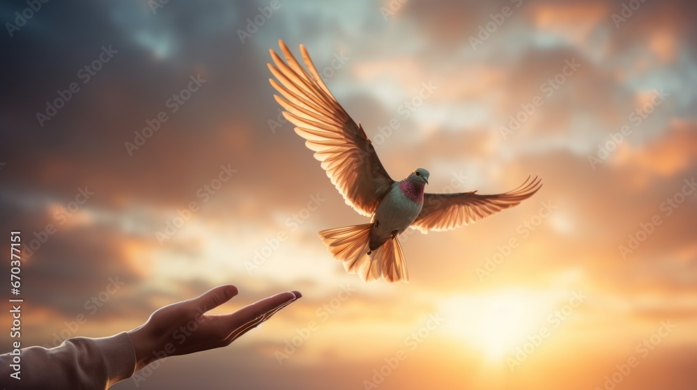 Hand lets the bird go, releases it or sets it free with morning sunlight in the background. Freedom, set free, independence, liberty, and release concept. - obrazy, fototapety, plakaty 