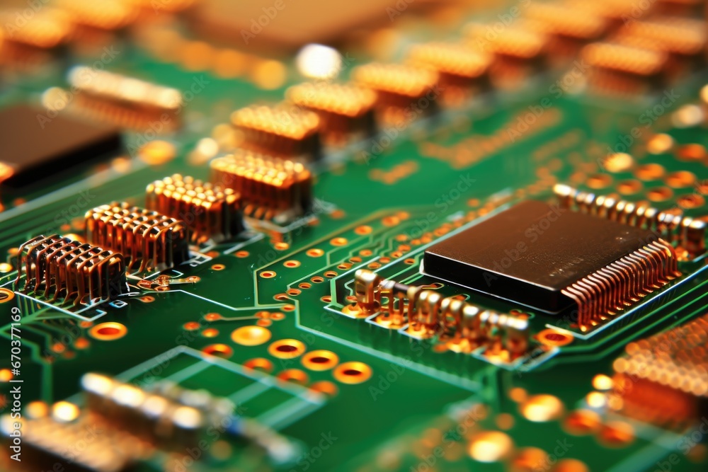 Obraz premium macro shot of printed circuit boards with capacitors