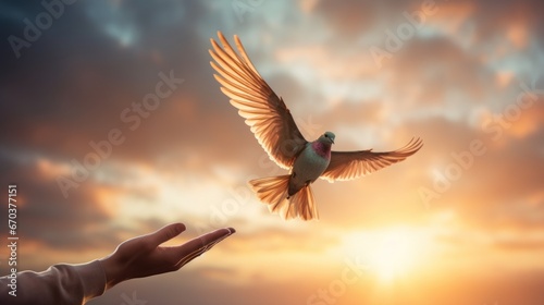 Hand lets the bird go, releases it or sets it free with morning sunlight in the background. Freedom, set free, independence, liberty, and release concept.