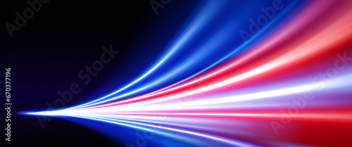 Blur and glow effect of lights when race at high speed. Pink and blue luminous dynamic trail of fast flare movement. Realistic vector illustration of energy flash driving on black background.