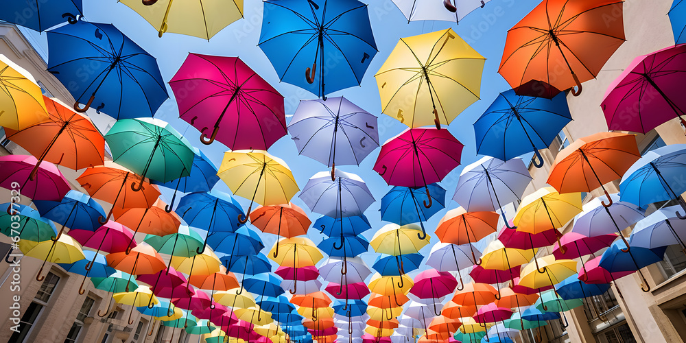 multi-colored umbrellas suspended above the street, view from below