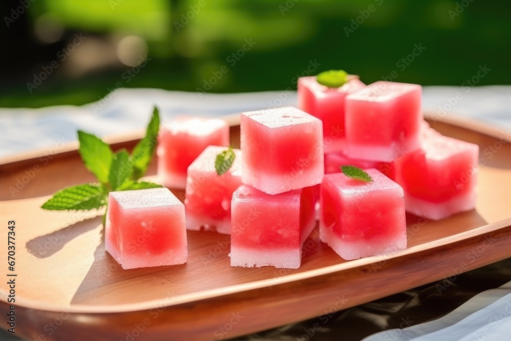 fresh watermelon pieces presented on a serving tray