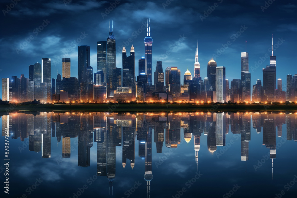 City skyline reflects in water illuminating the night