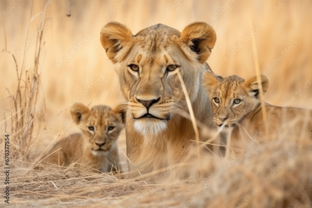 lioness protecting cubs in the savanna lioness protecting cubs in the savanna