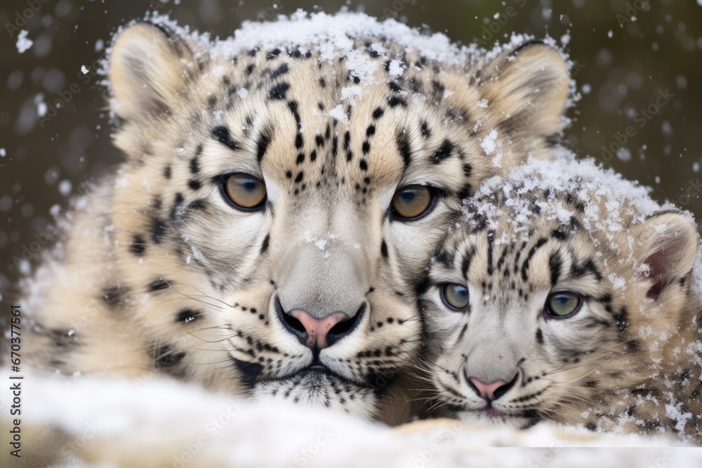 a snow leopard cuddling with her cub on a snowy ground a snow leopard cuddling with her cub on a snowy ground