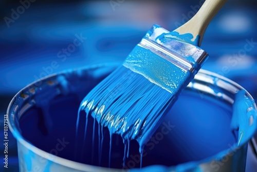 closeup of a paintbrush dipping in a blue paint bucket